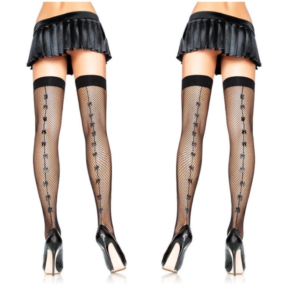 🔥Backseam Fishnet Backseam Bow Thigh High Stockings Black
